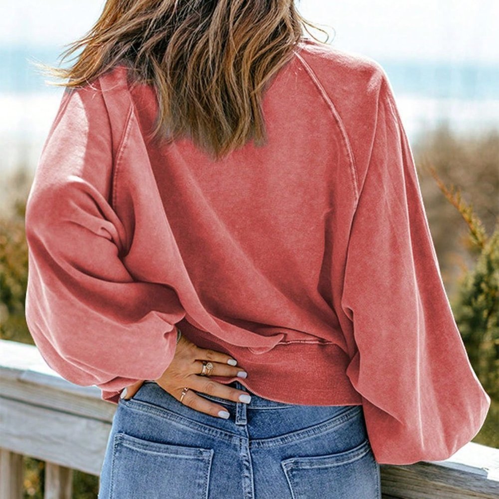 Red Casual Womens Half Button Raglan Sleeve Sweatshirt - Picture 2 of 5
